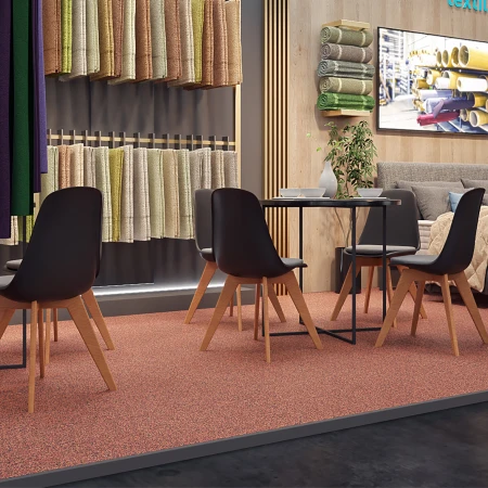Home textiles are presented on an elegant exhibition stand. The colour-coordinated floor covering consists of joint-friendly exhibition floor click tiles made of bonded rubber granulate.