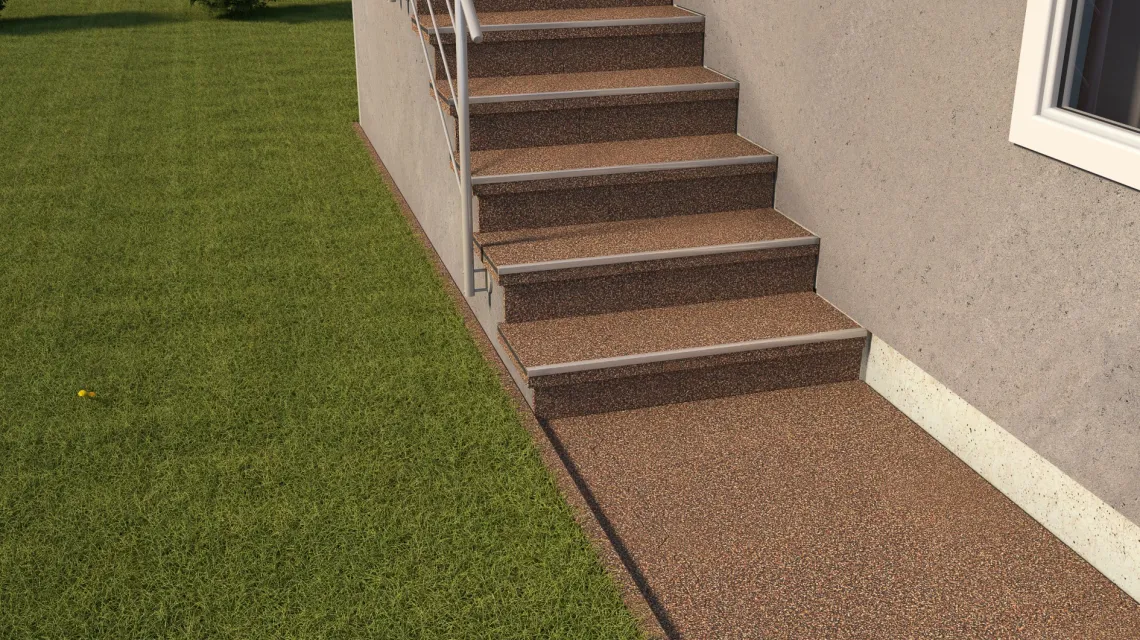 Beispielhafte Verlegung für den Artikel 0291 von WARCO - Rubber stair tile, Farbton Bark & Bast in der Abmessung 1000 x 1000 x 18 mm.
