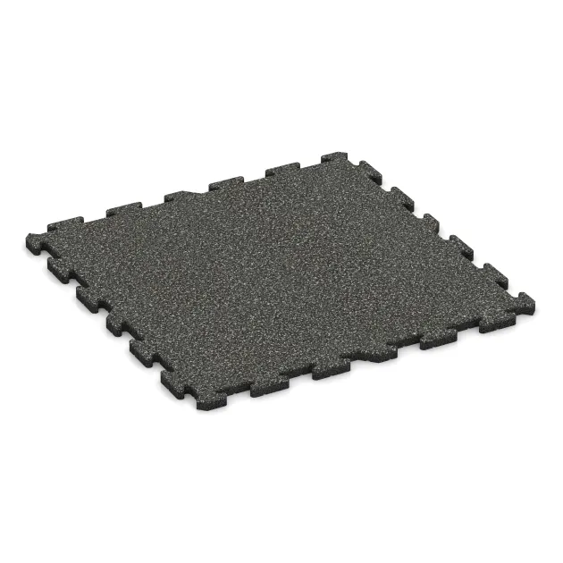Playground flooring von WARCO im Farbdesign Dark Grey Granite mit den Abmessungen 1000 x 1000 x 30 mm. Produktfoto von Artikel 3212 in der Aufsicht von schräg vorne.