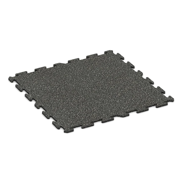 Fitness Floor Mat 18 mm von WARCO im Farbdesign Dark Grey Granite mit den Abmessungen 100 x 100 x 1,8 cm | 1,00 m². Produktfoto von Artikel 0314 in der Aufsicht von schräg vorne.