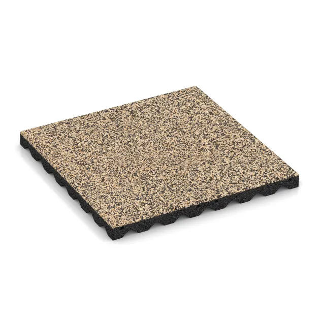 Playground safety tile von WARCO im Farbdesign Travertine mit den Abmessungen 500 x 500 x 40 mm. Produktfoto von Artikel 5335 in der Aufsicht von schräg vorne.