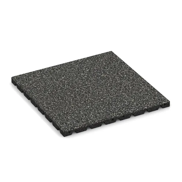 Playground safety tile von WARCO im Farbdesign Dark Grey Granite mit den Abmessungen 500 x 500 x 30 mm. Produktfoto von Artikel 5331 in der Aufsicht von schräg vorne.