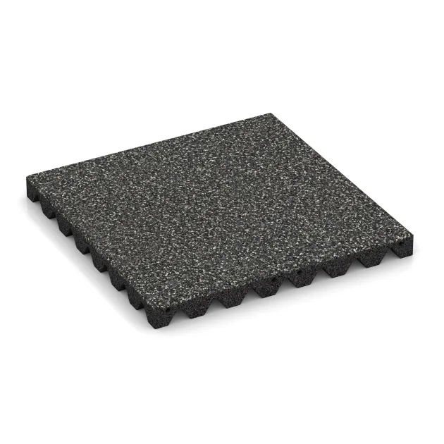 Playground Safety Tile 4.5 cm - EN 1177 ≤ 135 cm von WARCO im Farbdesign Dark Grey Granite mit den Abmessungen 500 x 500 x 45 mm. Produktfoto von Artikel 5542 in der Aufsicht von schräg vorne.