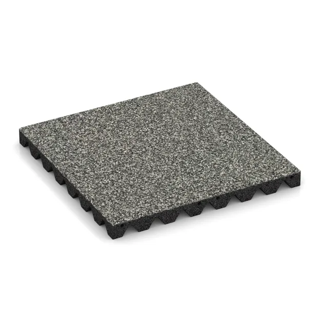 Playground safety tile von WARCO im Farbdesign Gray Granite mit den Abmessungen 500 x 500 x 45 mm. Produktfoto von Artikel 0641 in der Aufsicht von schräg vorne.