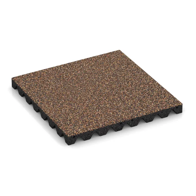 Playground safety tile von WARCO im Farbdesign Bark & Bast mit den Abmessungen 500 x 500 x 45 mm. Produktfoto von Artikel 0645 in der Aufsicht von schräg vorne.