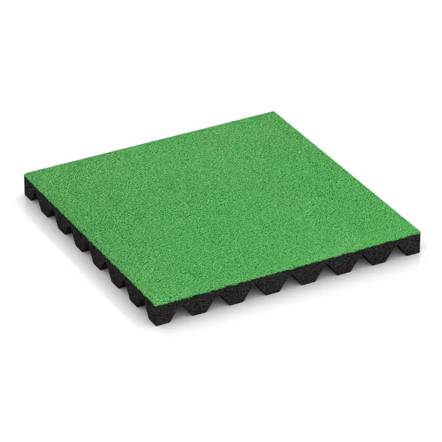 Playground Safety Tile 4.5 cm - EN 1177 ≤ 135 cm von WARCO im Farbdesign May Green mit den Abmessungen 500 x 500 x 45 mm. Produktfoto von Artikel 5536 in der Aufsicht von schräg vorne.