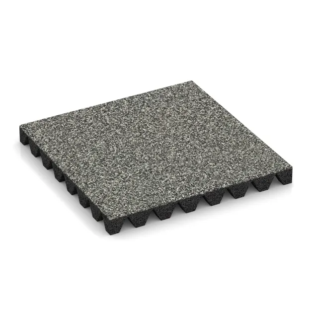 Playground safety tile von WARCO im Farbdesign Gray Granite mit den Abmessungen 500 x 500 x 50 mm. Produktfoto von Artikel 5356 in der Aufsicht von schräg vorne.