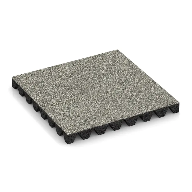 Playground safety tile von WARCO im Farbdesign Light Granite mit den Abmessungen 500 x 500 x 50 mm. Produktfoto von Artikel 5350 in der Aufsicht von schräg vorne.