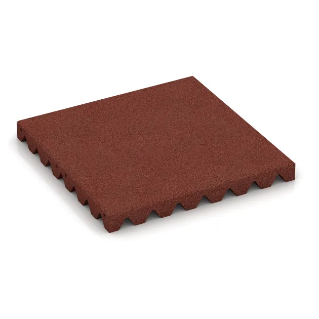 Playground safety tile von WARCO im Farbdesign Brick red mit den Abmessungen 500 x 500 x 50 mm. Produktfoto von Artikel 0691 in der Aufsicht von schräg vorne.