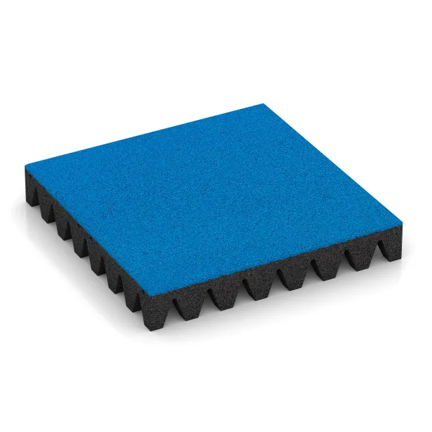 Playground safety tile von WARCO im Farbdesign Sky Blue mit den Abmessungen 500 x 500 x 80 mm. Produktfoto von Artikel 0717 in der Aufsicht von schräg vorne.