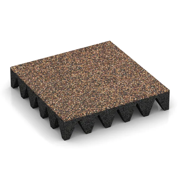 Playground safety tile von WARCO im Farbdesign Bark & Bast mit den Abmessungen 500 x 500 x 100 mm. Produktfoto von Artikel 3711 in der Aufsicht von schräg vorne.