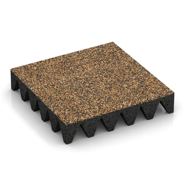 Playground safety tile von WARCO im Farbdesign Rattan Lounge mit den Abmessungen 500 x 500 x 100 mm. Produktfoto von Artikel 3702 in der Aufsicht von schräg vorne.