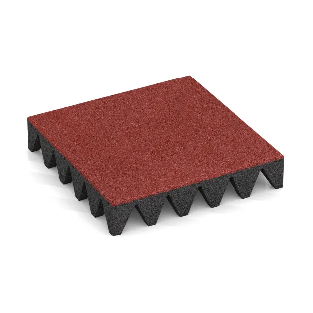 Playground safety tile von WARCO im Farbdesign Coral Red mit den Abmessungen 500 x 500 x 100 mm. Produktfoto von Artikel 0734 in der Aufsicht von schräg vorne.