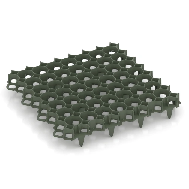 Plastic ground grid von WARCO im Farbdesign Matte Green mit den Abmessungen 47,6 × 47,6 × 4 cm | 0,226 m². Produktfoto von Artikel 3634 in der Aufsicht von schräg vorne.