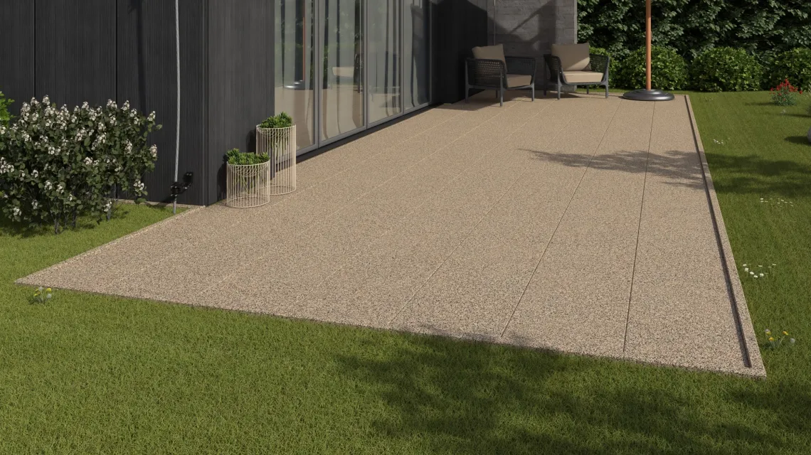 Beispielhafte Verlegung für den Artikel 1150 von WARCO - Terrace tile Classic, Farbton Travertine in der Abmessung 500 x 500 x 30 mm.
