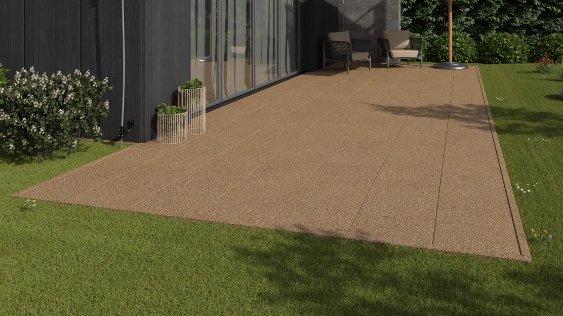 Beispielhafte Verlegung für den Artikel 1153 von WARCO - Terrace tile Classic, Farbton Rattan Lounge in der Abmessung 500 x 500 x 30 mm.