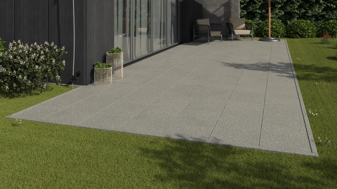Beispielhafte Verlegung für den Artikel 1157 von WARCO - Terrace tile Classic, Farbton Light Granite in der Abmessung 500 x 500 x 30 mm.