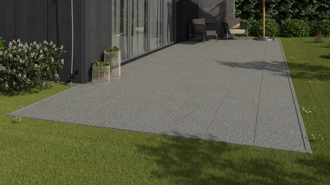 Beispielhafte Verlegung für den Artikel 1158 von WARCO - Terrace tile Classic, Farbton Gray Granite in der Abmessung 500 x 500 x 30 mm.