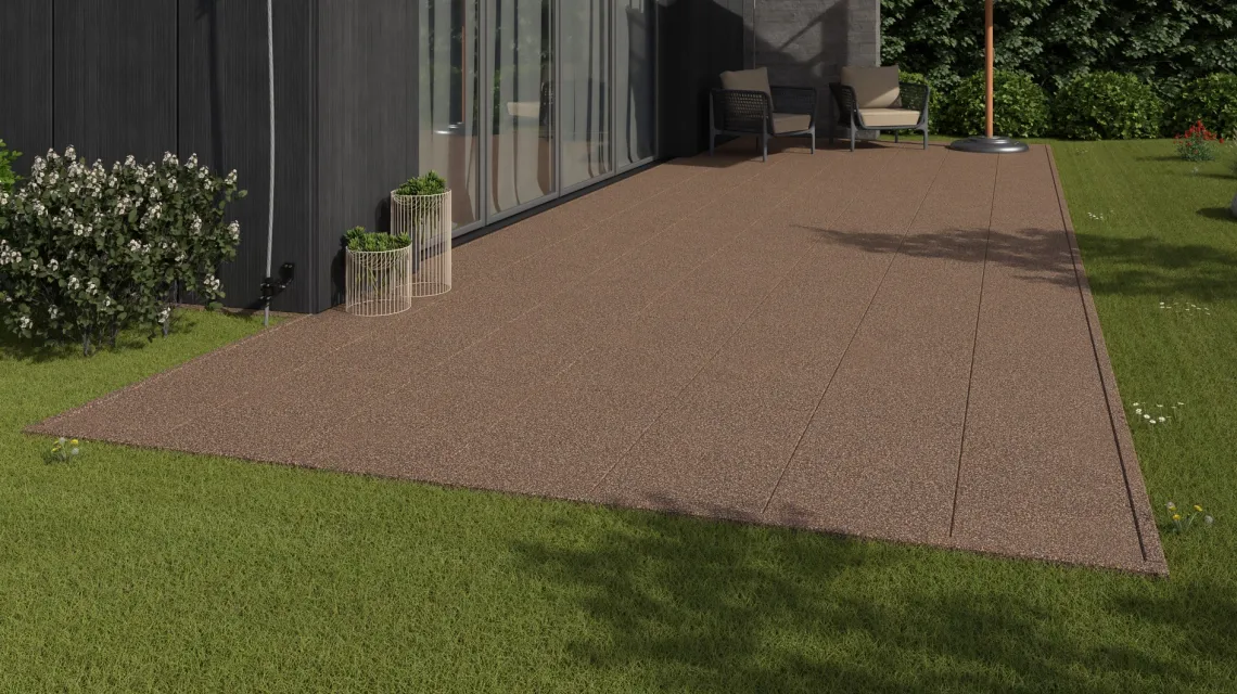 Beispielhafte Verlegung für den Artikel 1162 von WARCO - Terrace tile Classic, Farbton Bark & Bast in der Abmessung 500 x 500 x 30 mm.