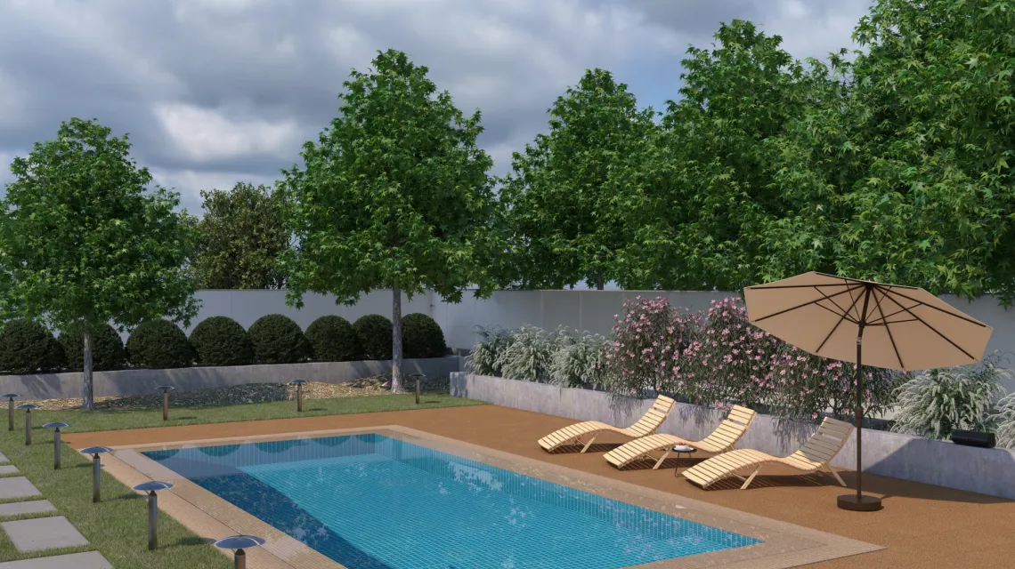 Beispielhafte Verlegung für den Artikel 1210 von WARCO - Pool Decking Tile Classic, Farbton Terra Cotta in der Abmessung 500 x 500 x 30 mm.