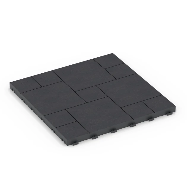 Block Pattern – Deck Tile von WARCO im Farbdesign Slate mit den Abmessungen 38,5 x 38,5 x 2 cm. Produktfoto von Artikel 6329 in der Aufsicht von schräg vorne.