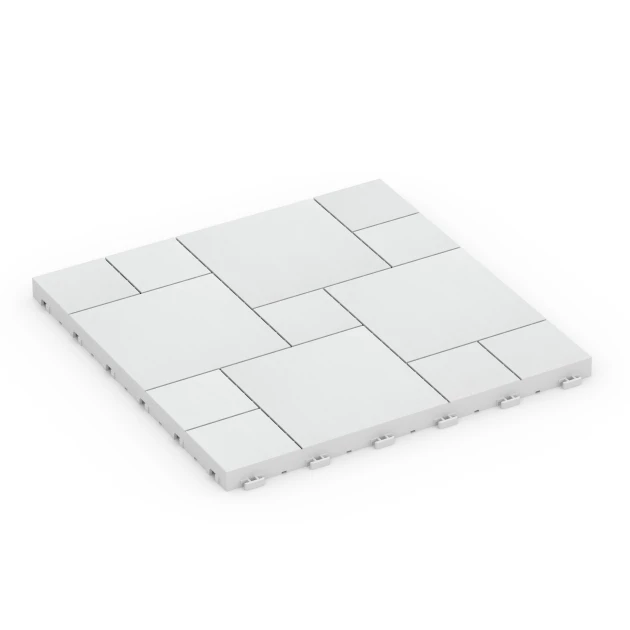 Block Pattern – Deck Tile von WARCO im Farbdesign Chalk mit den Abmessungen 38,5 x 38,5 x 2 cm. Produktfoto von Artikel 6333 in der Aufsicht von schräg vorne.
