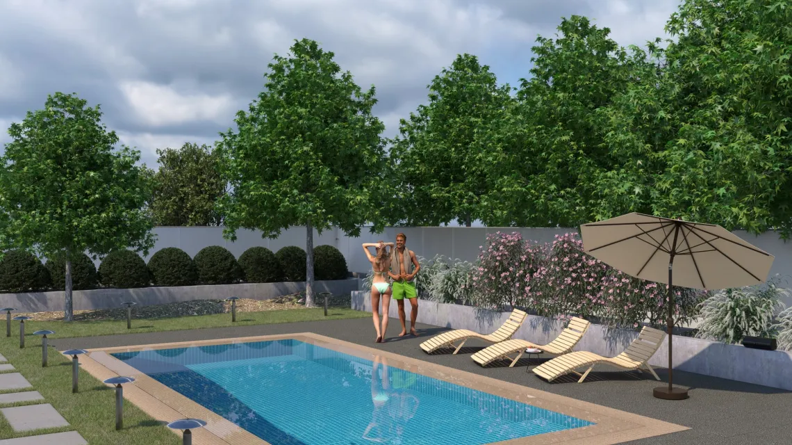 Beispielhafte Verlegung für den Artikel 1339 von WARCO - Pool Decking Tile Classic, Farbton Dark Grey Granite in der Abmessung 500 x 500 x 40 mm.