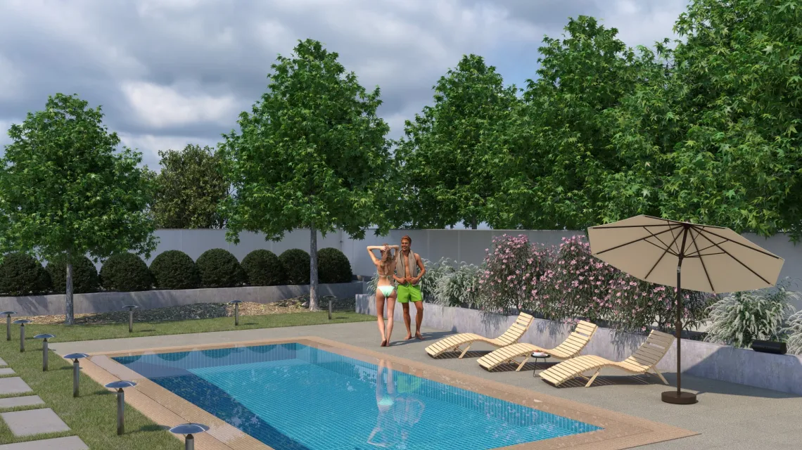 Beispielhafte Verlegung für den Artikel 1341 von WARCO - Pool Decking Tile Classic, Farbton Light Granite in der Abmessung 500 x 500 x 40 mm.