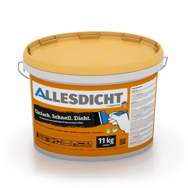 ALLESDICHT – Waterproofing Coating von WARCO im Farbdesign Black mit den Abmessungen 11 kg | 3,3 m². Produktfoto von Artikel 0028 in der Aufsicht von schräg vorne.