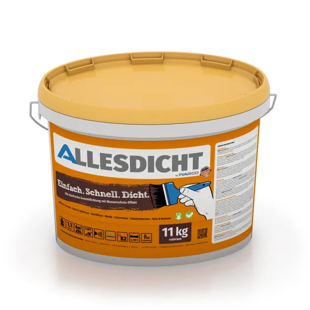 ALLESDICHT – The Liquid Rubber Seal from a Bucket von WARCO im Farbdesign Auburn mit den Abmessungen 11 kg. Produktfoto von Artikel 0010 in der Aufsicht von schräg vorne.