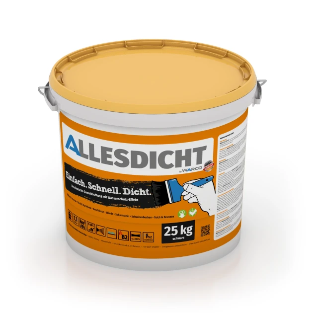 ALLESDICHT – Waterproofing Coating von WARCO im Farbdesign Black mit den Abmessungen 25 kg | 7,6 m². Produktfoto von Artikel 0024 in der Aufsicht von schräg vorne.