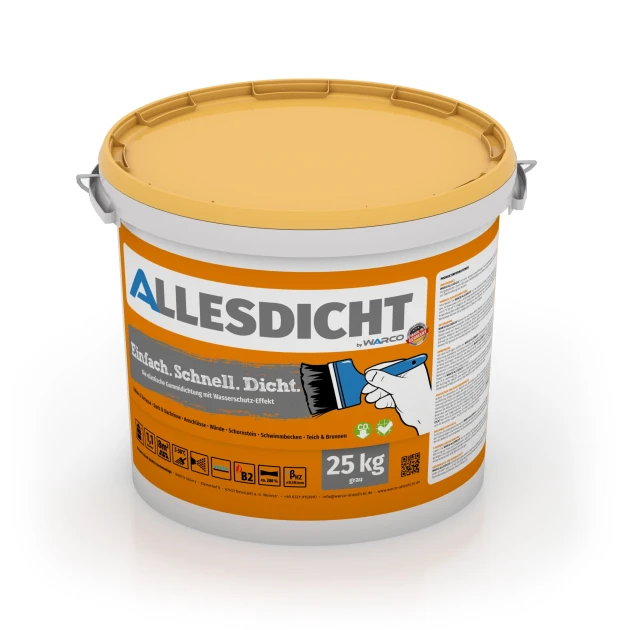 ALLESDICHT – Waterproofing Coating von WARCO im Farbdesign Grey mit den Abmessungen 25 kg | 7,6 m². Produktfoto von Artikel 0026 in der Aufsicht von schräg vorne.