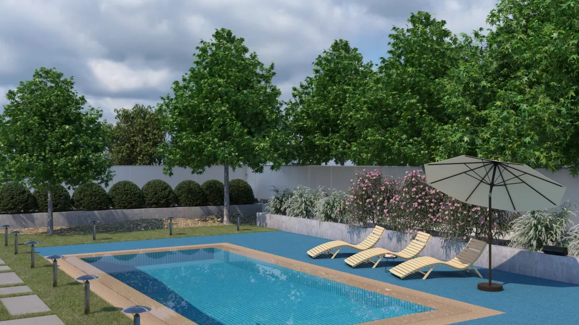 Beispielhafte Verlegung für den Artikel 2735 von WARCO - Pool Decking Tile, Farbton Atlantic in der Abmessung 500 x 500 x 30 mm.