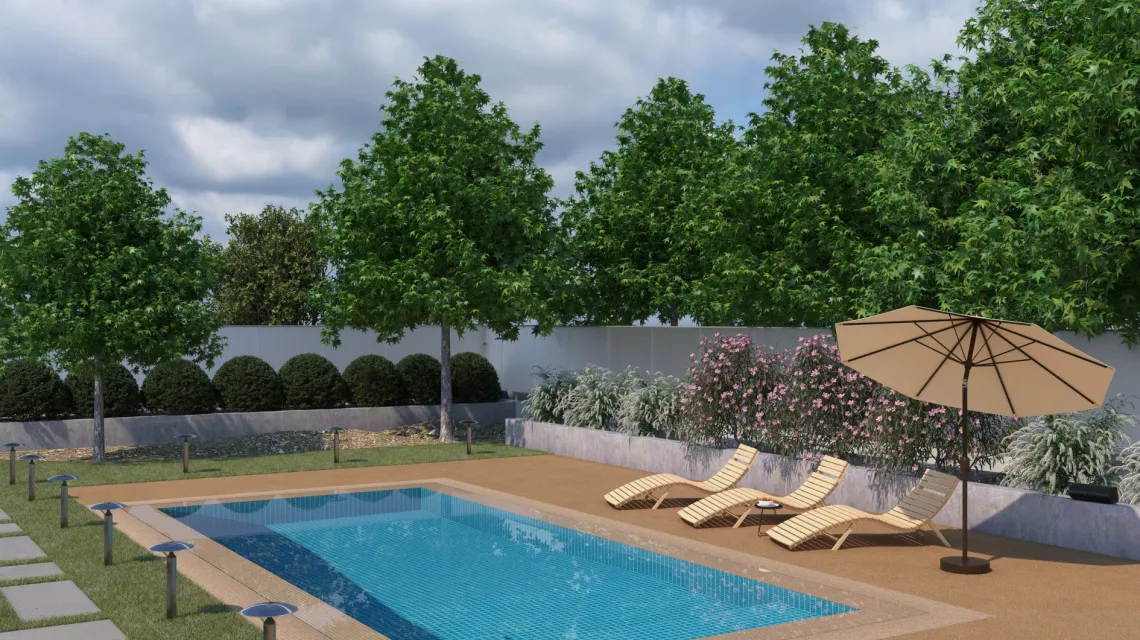 Beispielhafte Verlegung für den Artikel 2738 von WARCO - Pool Decking Tile, Farbton Rattan Lounge in der Abmessung 500 x 500 x 30 mm.