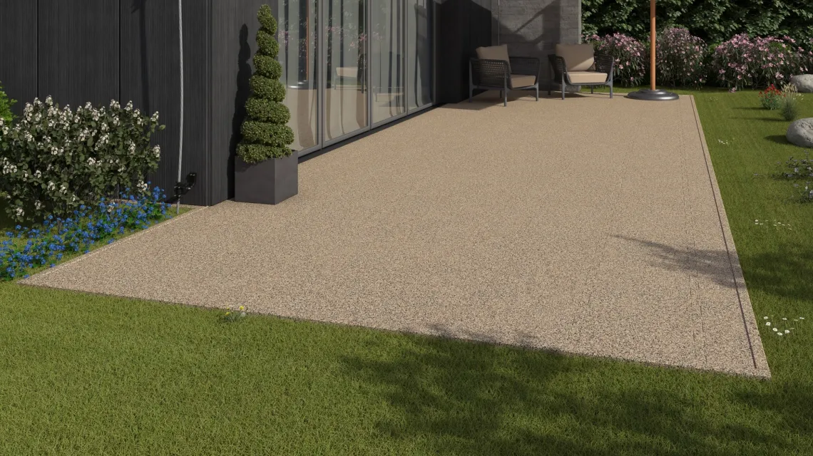 Beispielhafte Verlegung für den Artikel 2834 von WARCO - Outdoor click tile, Farbton Travertine in der Abmessung 500 x 500 x 40 mm.