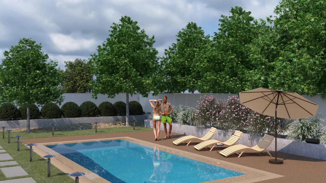 Beispielhafte Verlegung für den Artikel 2923 von WARCO - Pool Decking Tile, Farbton Bark & Bast in der Abmessung 500 x 500 x 40 mm.
