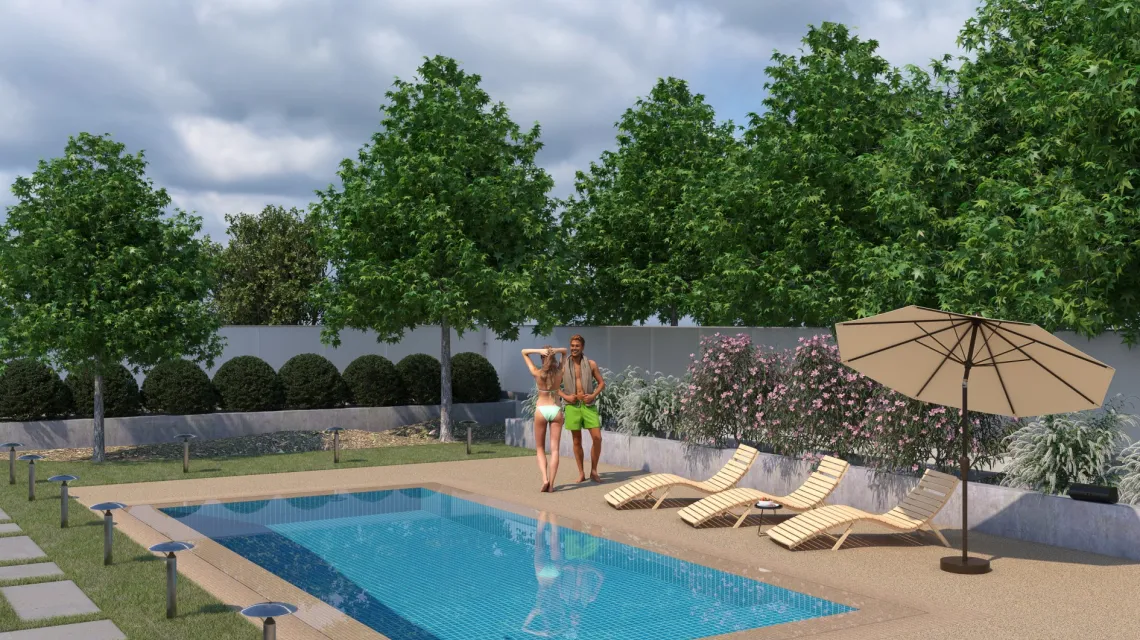 Beispielhafte Verlegung für den Artikel 2926 von WARCO - Pool Decking Tile, Farbton Travertine in der Abmessung 500 x 500 x 40 mm.