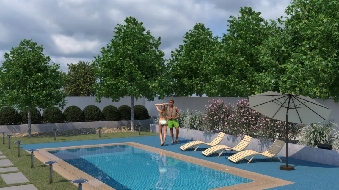 Beispielhafte Verlegung für den Artikel 2928 von WARCO - Pool Decking Tile, Farbton Atlantic in der Abmessung 500 x 500 x 40 mm.