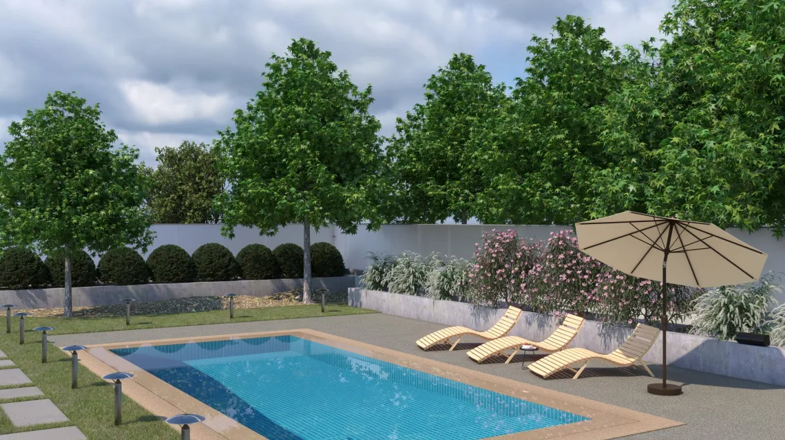 Beispielhafte Verlegung für den Artikel 3849 von WARCO - Pool Decking Tile Seamless, Farbton Gray Granite in der Abmessung 306 x 306 x 20 mm.