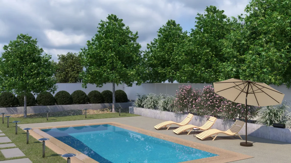 Beispielhafte Verlegung für den Artikel 3850 von WARCO - Pool Decking Tile Seamless, Farbton Light Granite in der Abmessung 306 x 306 x 20 mm.