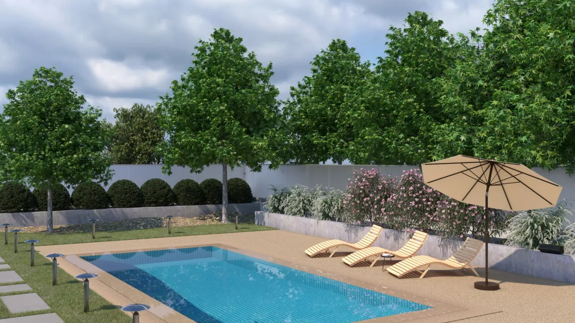 Beispielhafte Verlegung für den Artikel 3856 von WARCO - Pool Decking Tile Seamless, Farbton Travertine in der Abmessung 306 x 306 x 20 mm.