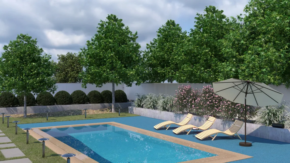 Beispielhafte Verlegung für den Artikel 3858 von WARCO - Pool Decking Tile Seamless, Farbton Atlantic in der Abmessung 306 x 306 x 20 mm.