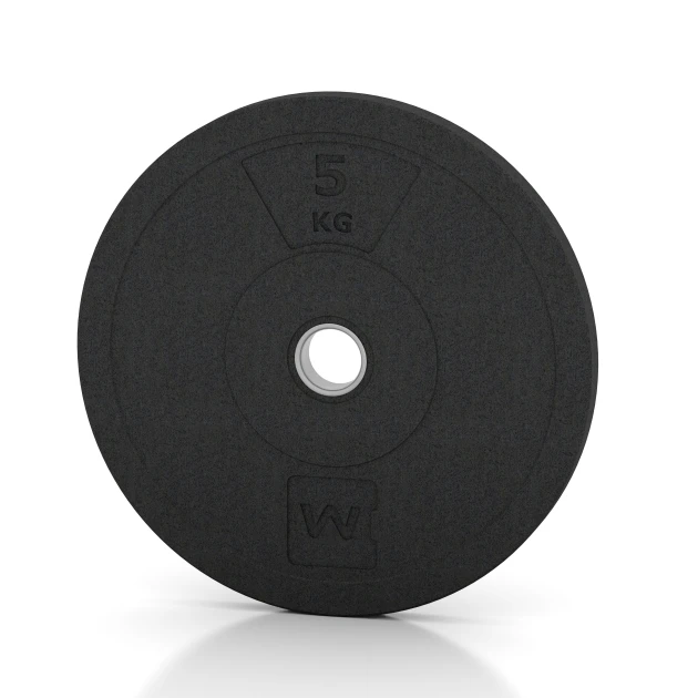 Bumper Plate – Solid Rubber von WARCO im Farbdesign Anthracite mit den Abmessungen 5 kg | ø 45,4 x 3,15 cm. Produktfoto von Artikel 6084 in der Aufsicht von schräg vorne.