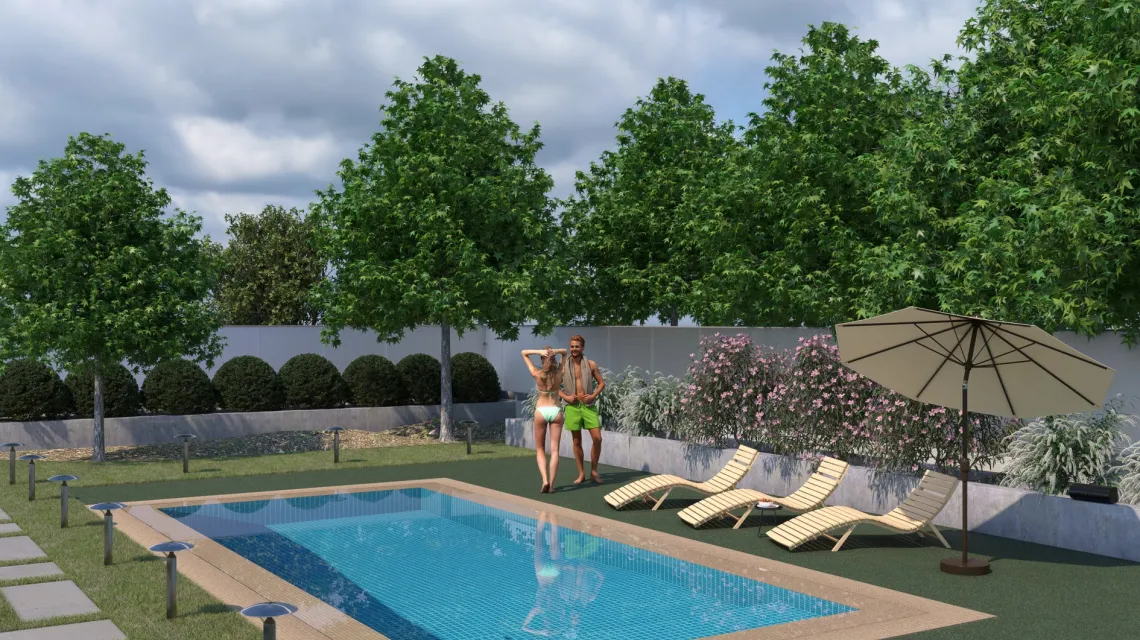 Beispielhafte Verlegung für den Artikel 5228 von WARCO - Pool Decking Tile Seamless, Farbton English Lawn in der Abmessung 306 x 306 x 30 mm.
