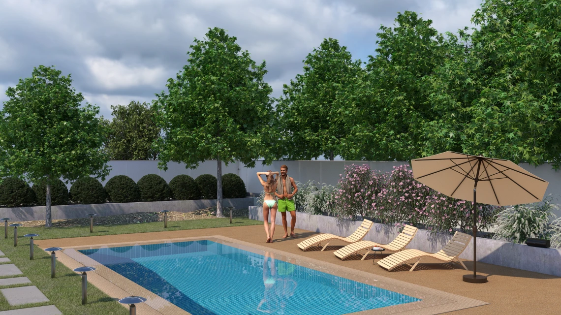 Beispielhafte Verlegung für den Artikel 5235 von WARCO - Pool Decking Tile Seamless, Farbton Rattan in der Abmessung 306 x 306 x 30 mm.