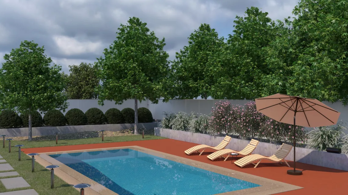 Beispielhafte Verlegung für den Artikel 5294 von WARCO - Pool Decking Tile, Farbton Bright Red-Orange in der Abmessung 500 x 500 x 30 mm.