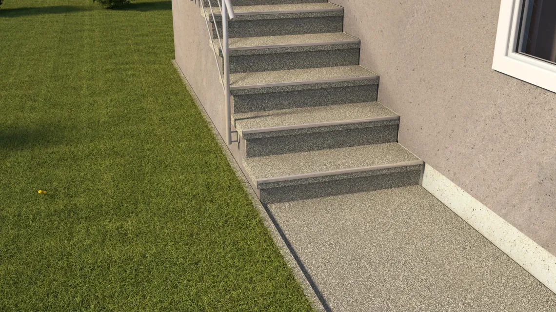 Beispielhafte Verlegung für den Artikel 5424 von WARCO - Stair covering, Farbton Light Granite in der Abmessung 306 x 306 x 20 mm.