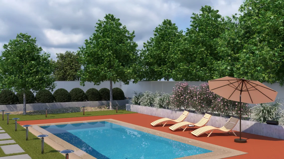 Beispielhafte Verlegung für den Artikel 5993 von WARCO - Pool Decking Tile Seamless, Farbton Bright Red-Orange in der Abmessung 306 x 306 x 20 mm.