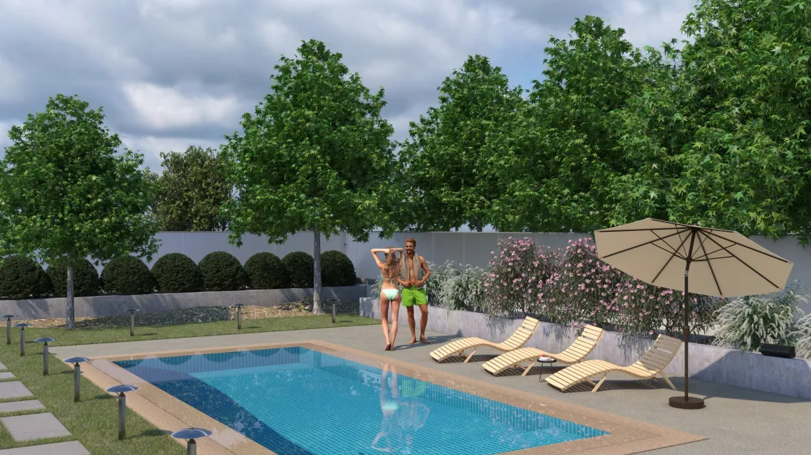 Beispielhafte Verlegung für den Artikel 6106 von WARCO - Pool Decking Tile Seamless, Farbton Light Granite in der Abmessung 306 x 306 x 30 mm.