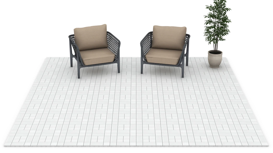 Beispielhafte Verlegung für den Artikel 6235 von WARCO - Panel Pattern – Deck Tile, Farbton Chalk in der Abmessung 38,5 x 38,5 x 2 cm.